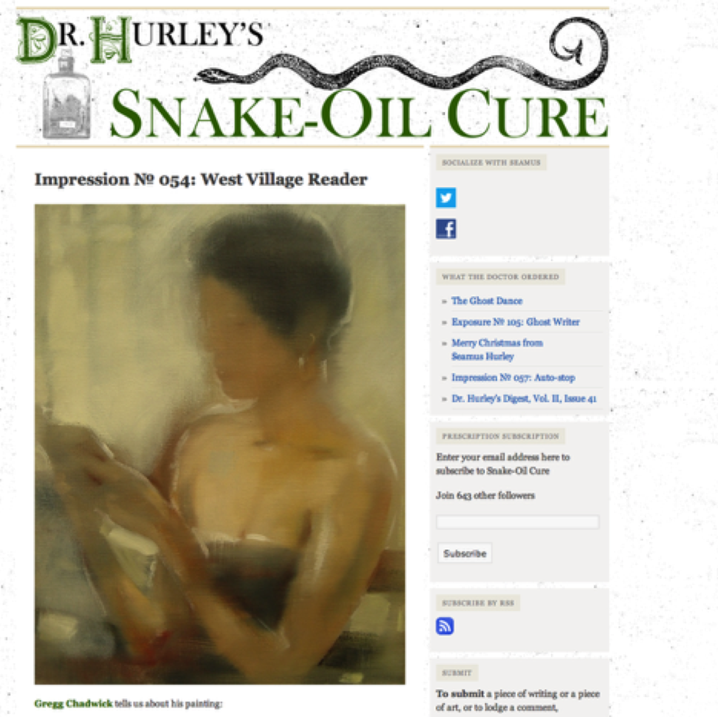 Gregg Chadwick's West Village Reader in Dr. Hurley's Snake-Oil Cure